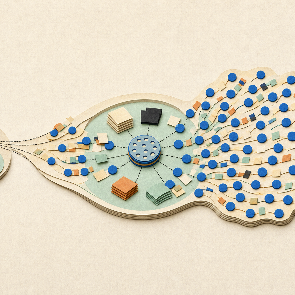 Abstract editorial illustration with abstract paper layers and a measured progression of forms representing A bounded explanation can help readers understand the proposed self-organized coordination approach while clearly distinguishing the authors’ reported benchmarks from peer-reviewed or independently replicated evidence.