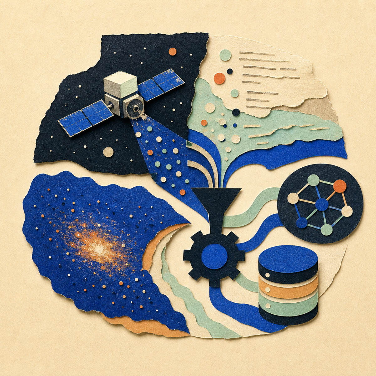 Abstract editorial illustration with abstract paper layers and a measured progression of forms representing The announcement identifies a short-notice NASA internship related to generative AI, Python, and astrophysics research data, while clearly preserving the missing application and eligibility details.