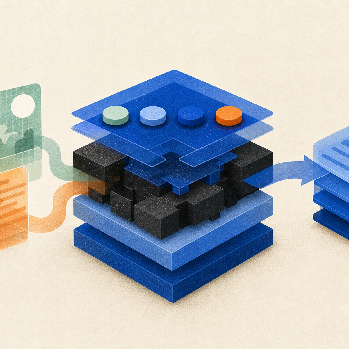 Abstract editorial illustration with layered translucent modules and interlocking abstract blocks representing The release information may help developers assess an AI API option for coding and knowledge-work use cases.