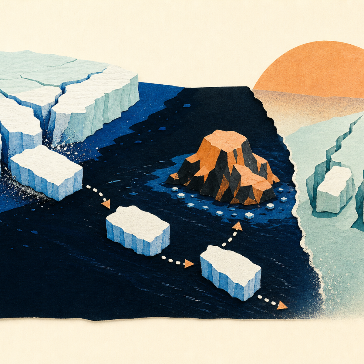 Abstract editorial illustration with abstract paper layers and a measured progression of forms representing A source-near explainer can show how satellite imagery tracked an Arctic iceberg’s rapid movement and collision with Joe Island while clearly distinguishing observed conditions from uncertain future changes.