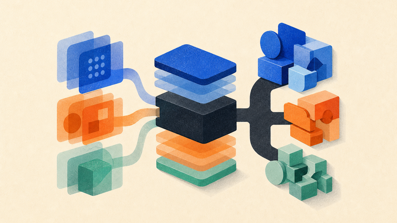 Abstract editorial illustration with layered translucent modules and interlocking abstract blocks representing This official product update may help developers and organizations assess stated API access, costs, and configuration options.