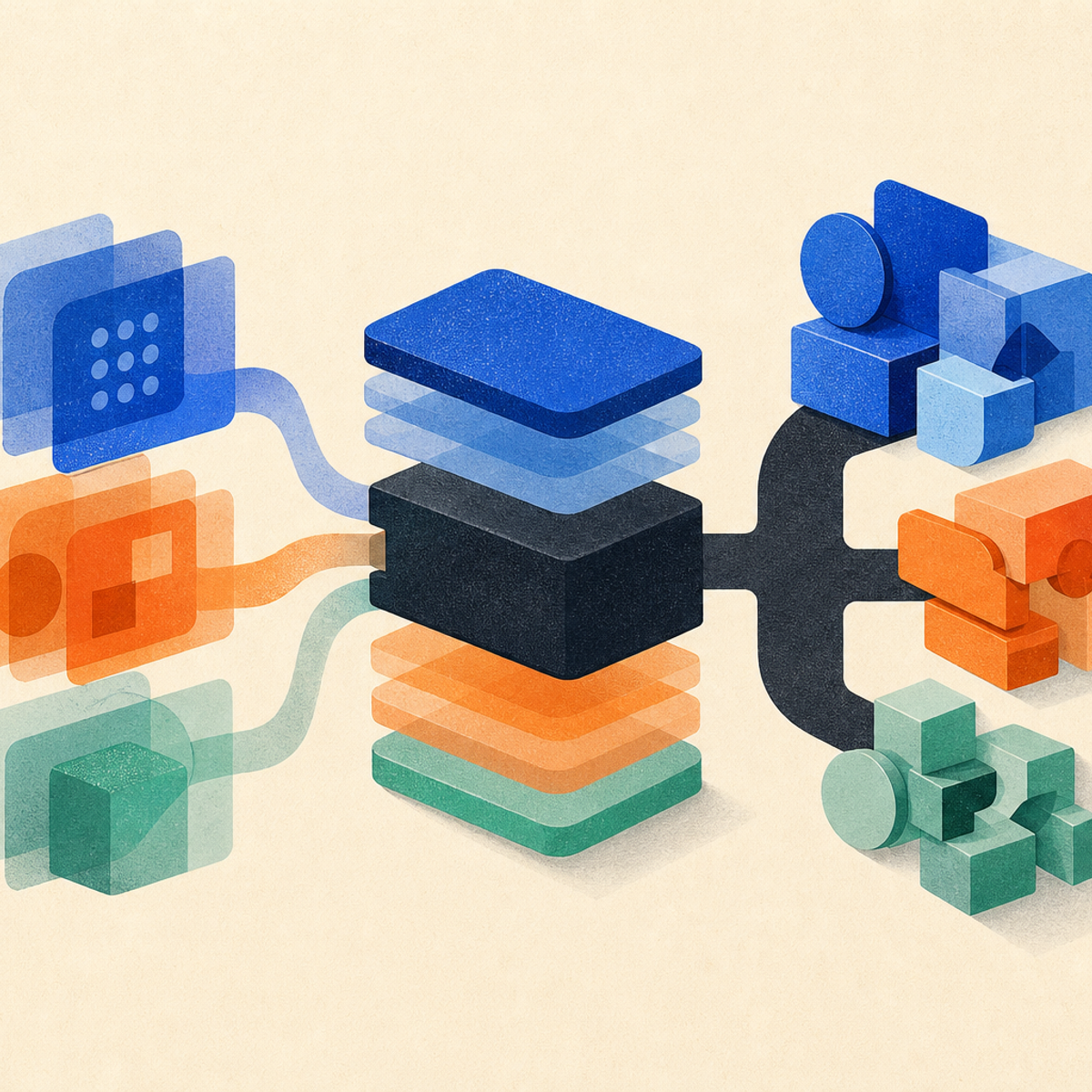 Abstract editorial illustration with layered translucent modules and interlocking abstract blocks representing This official product update may help developers and organizations assess stated API access, costs, and configuration options.