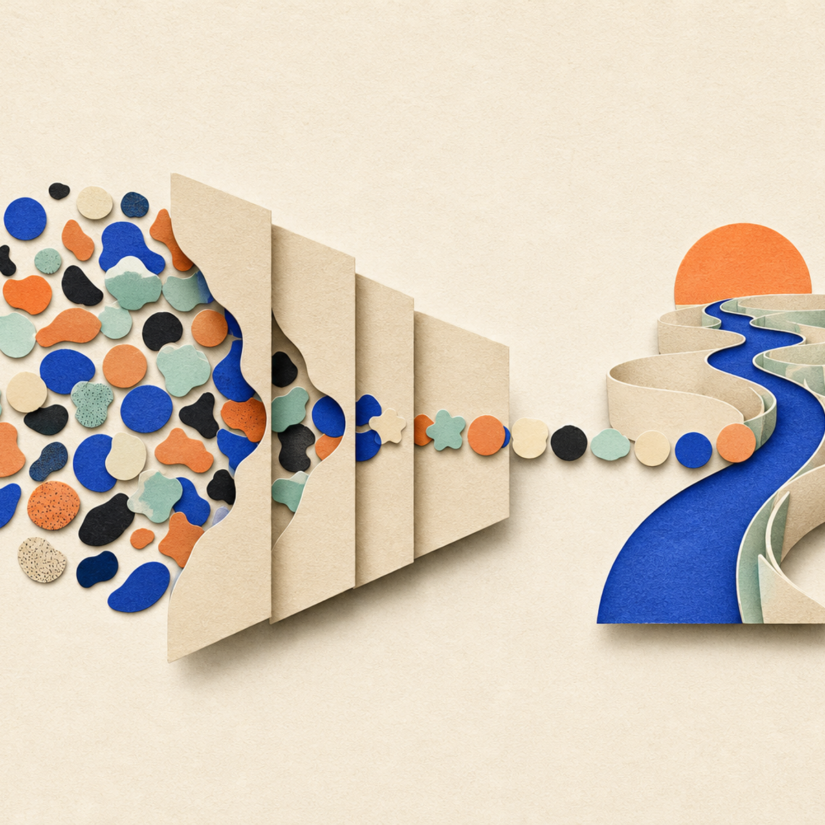 Abstract editorial illustration with abstract paper layers and a measured progression of forms representing The preprint offers a narrowly useful hypothesis for AI researchers: selecting a small, diverse set of prompts may expose much of the supervision encountered in larger on-policy-distillation datasets, while improving step efficiency may remain a separate challenge. Its results should be presented as preliminary author-reported findings.