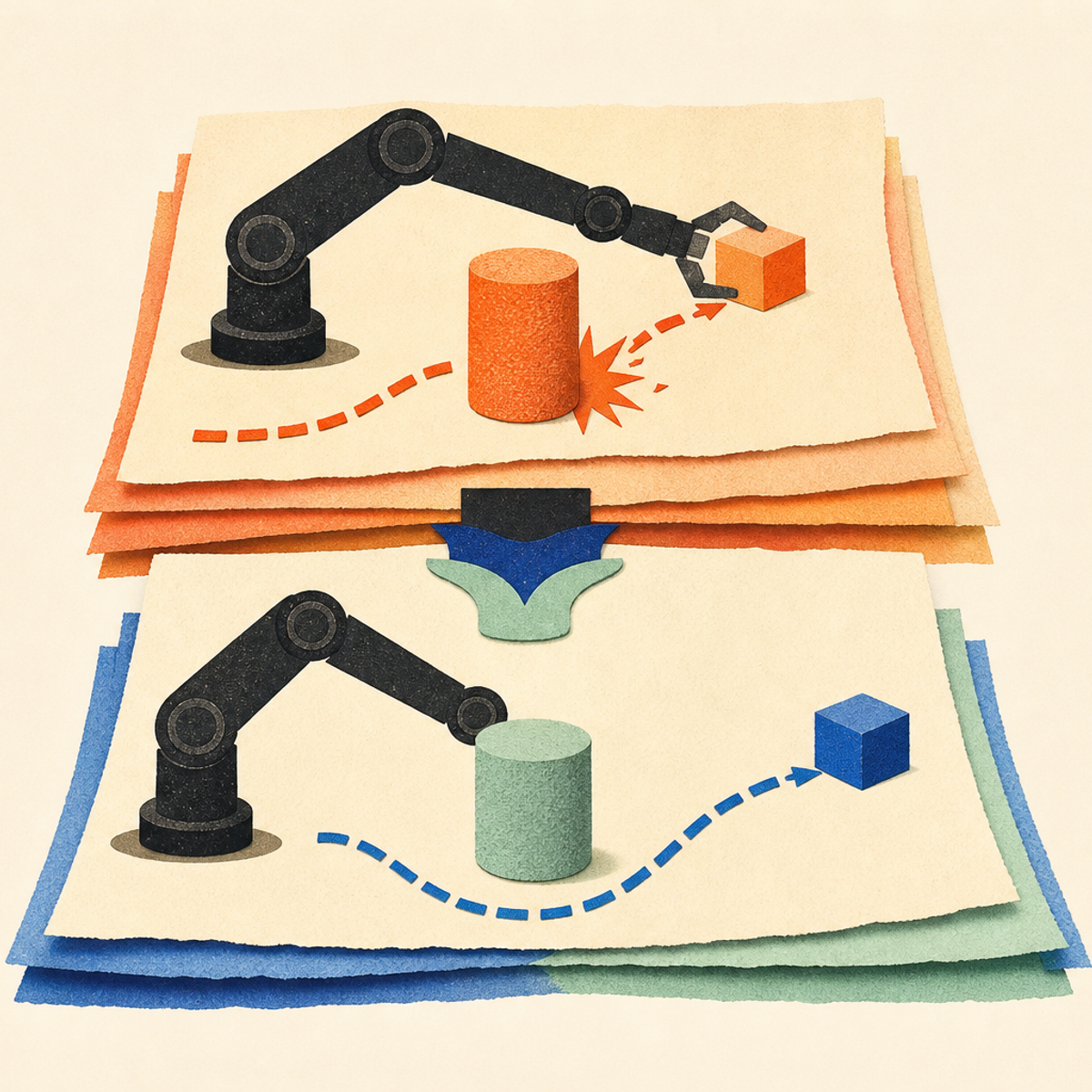 Abstract editorial illustration with abstract paper layers and a measured progression of forms representing A clearly attributed, bounded explanation can help readers distinguish a reported research result about obstacle-aware planning from independently verified evidence that coding-agent robot systems are safe in general.
