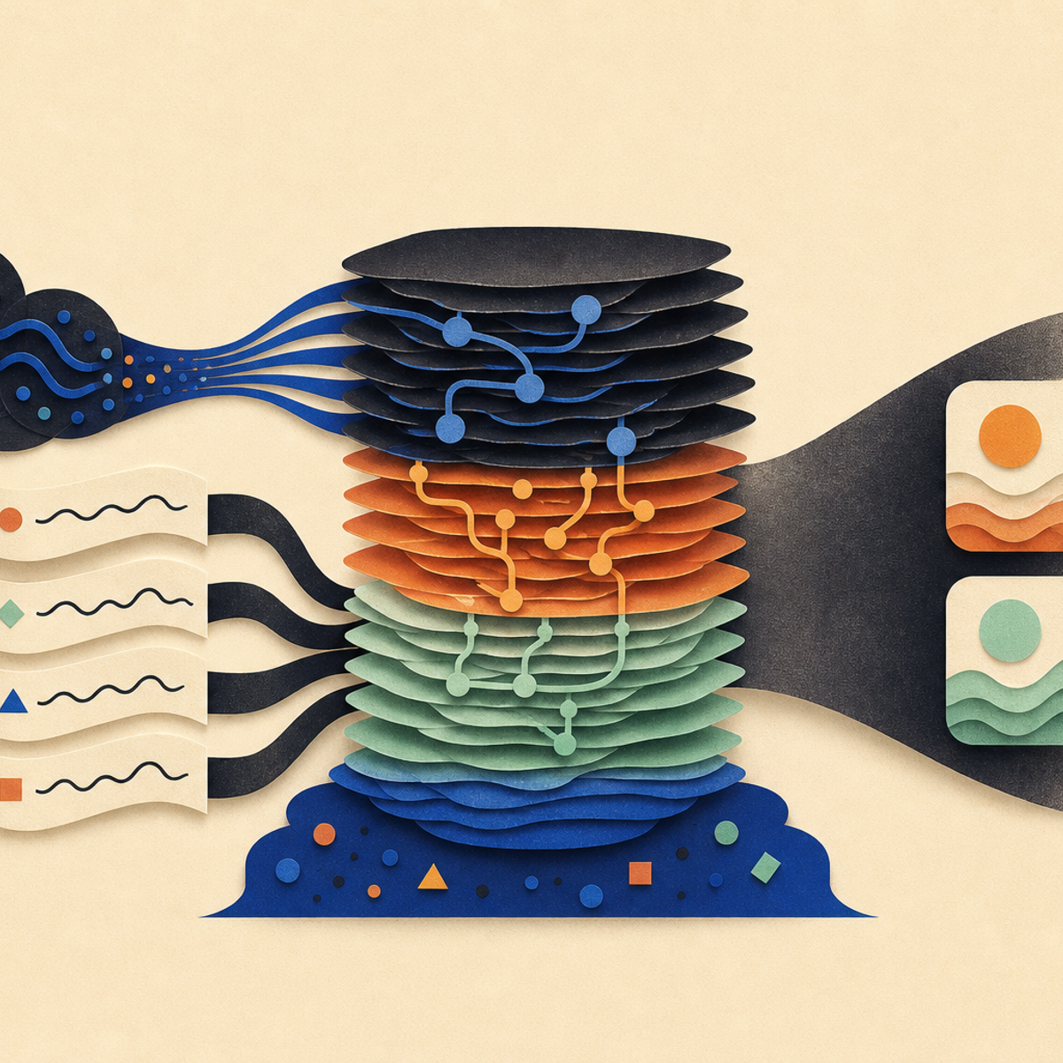 Abstract editorial illustration with abstract paper layers and a measured progression of forms representing The preprint offers a bounded, clearly labeled account of a proposed way to audit automated language-model evaluators, while preserving that its mechanistic findings are author-reported and model-specific.