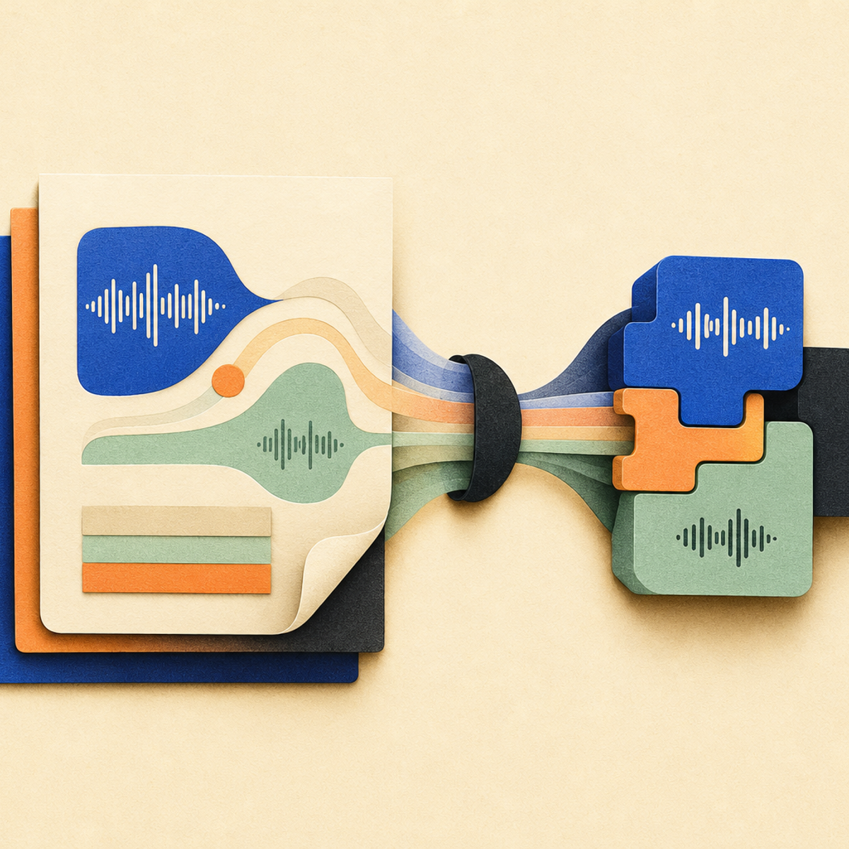 Abstract editorial illustration with layered translucent modules and interlocking abstract blocks representing Developers can review xAI’s first-party release note to determine whether the stated Speech to Speech availability and planned model routing are relevant to their applications.