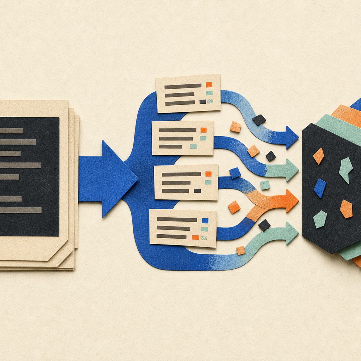 Abstract editorial illustration with abstract paper layers and a measured progression of forms representing The preprint offers a narrowly sourced description of a benchmark intended to help researchers and software teams evaluate AI code-review systems on iterative review workflows rather than only static, single-round tasks.