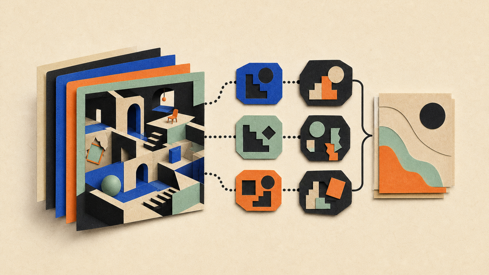 Abstract editorial illustration with abstract paper layers and a measured progression of forms representing A bounded explainer can help readers understand a newly reported benchmark for testing whether multimodal agents can combine navigation with visual reasoning, while clearly distinguishing the authors' preprint results from peer-reviewed or independently replicated findings.