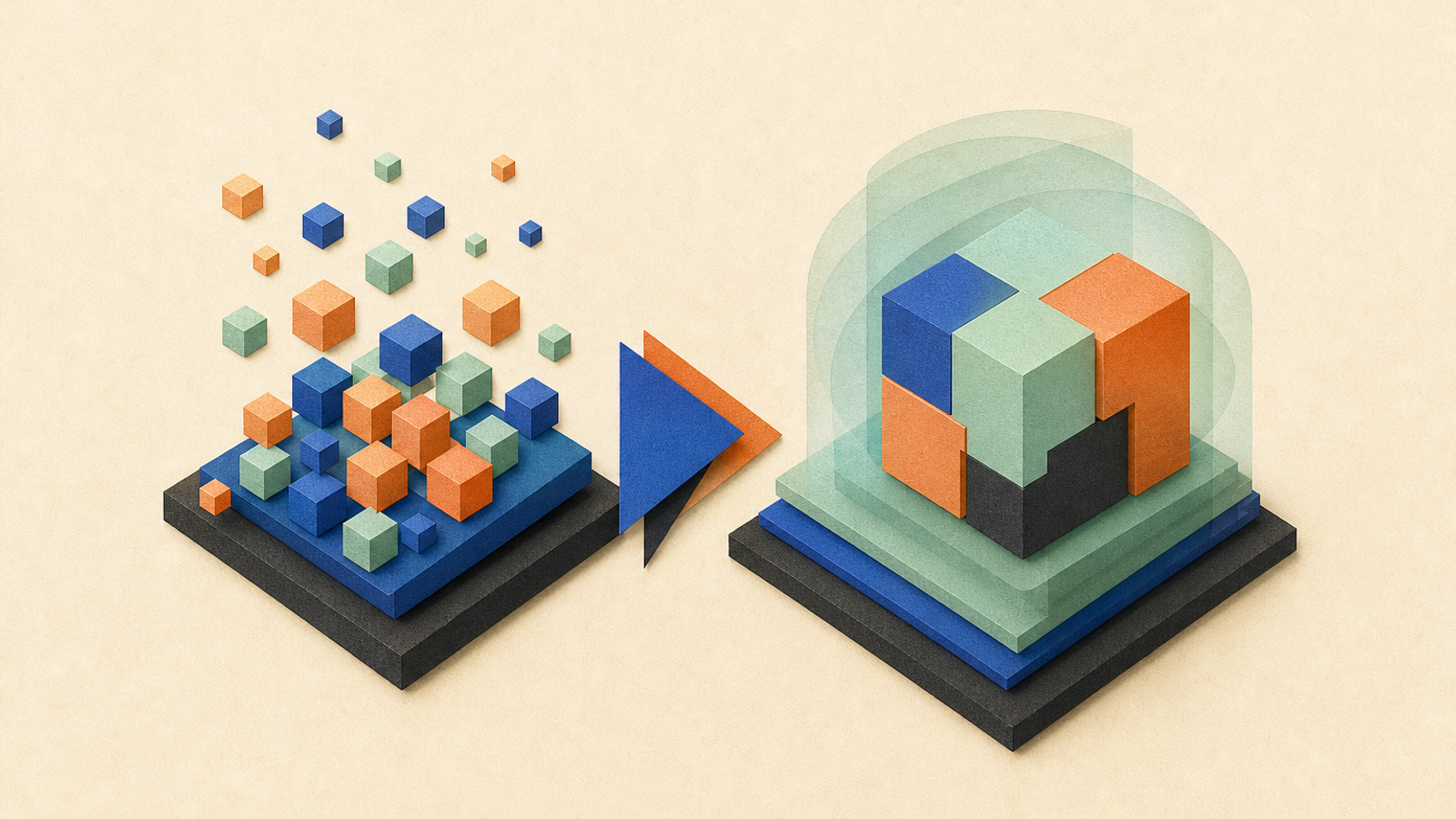 Abstract editorial illustration with layered translucent modules and interlocking abstract blocks representing Technical readers can identify a newly listed text-generation model repository and consult its model card and repository materials before considering use.