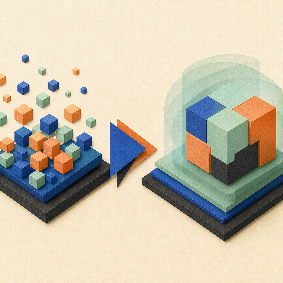 Abstract editorial illustration with layered translucent modules and interlocking abstract blocks representing Technical readers can identify a newly listed text-generation model repository and consult its model card and repository materials before considering use.
