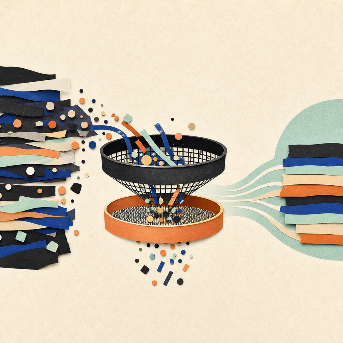 Abstract editorial illustration with abstract paper layers and a measured progression of forms representing It offers a narrowly sourced explanation of a proposed way to filter software-agent training data, while clearly distinguishing the authors’ benchmark claims from independently verified results.