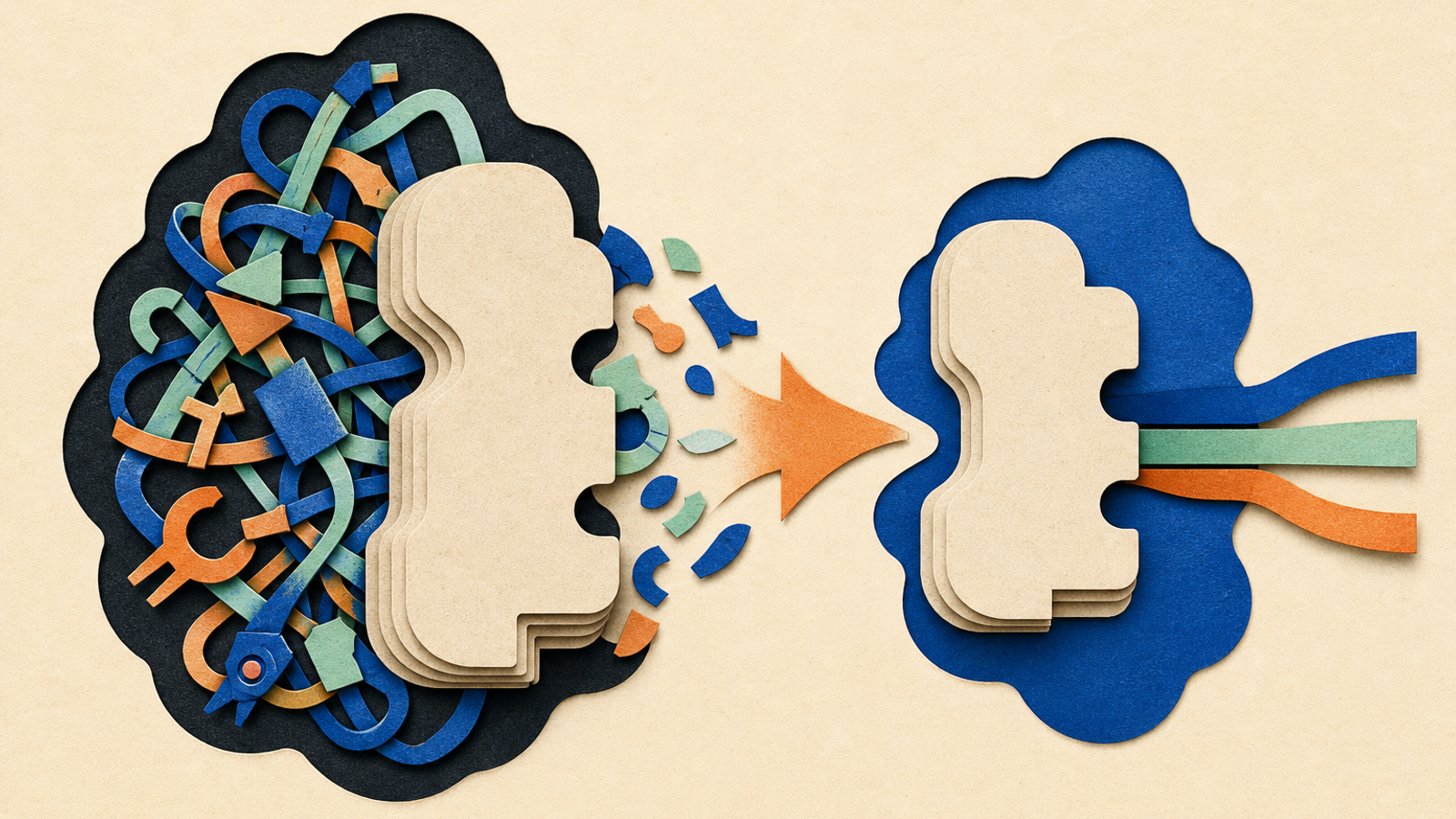 Abstract editorial illustration with abstract paper layers and a measured progression of forms representing It offers a narrowly sourced explanation of a proposed technique for reducing an AI agent’s dependence on specialized external harnesses at deployment, while clearly distinguishing author-reported preprint results from independently established findings.