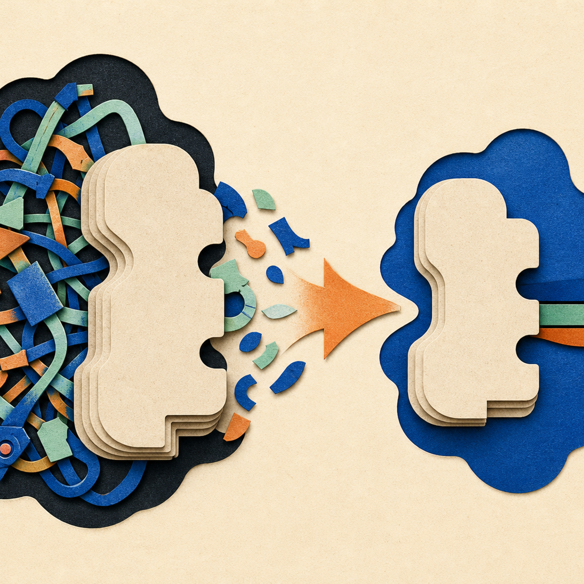 Abstract editorial illustration with abstract paper layers and a measured progression of forms representing It offers a narrowly sourced explanation of a proposed technique for reducing an AI agent’s dependence on specialized external harnesses at deployment, while clearly distinguishing author-reported preprint results from independently established findings.