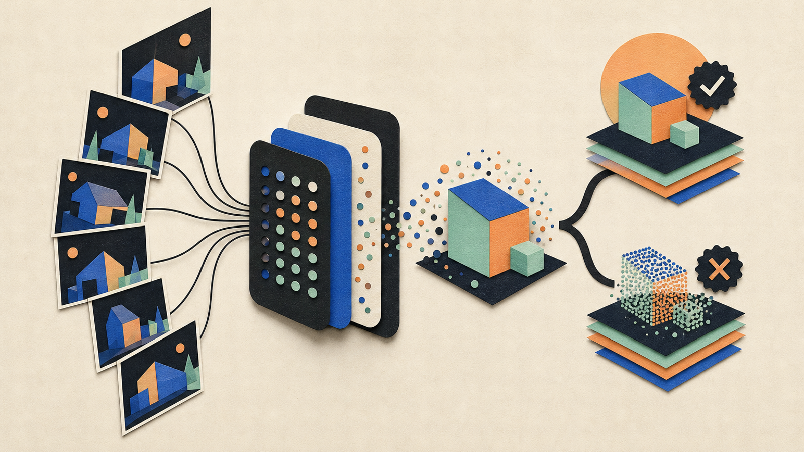 Abstract editorial illustration with abstract paper layers and a measured progression of forms representing A source-bounded explainer can clarify a newly posted research proposal for helping multimodal language models reason across several views of a scene, while plainly distinguishing author-reported results from independently verified findings.