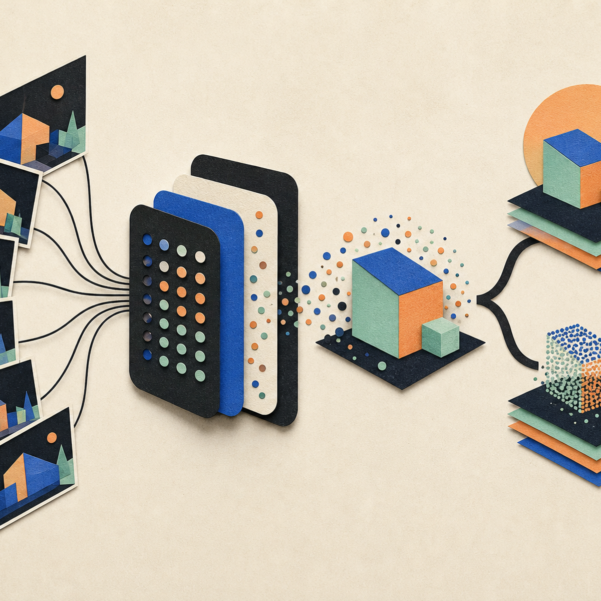 Abstract editorial illustration with abstract paper layers and a measured progression of forms representing A source-bounded explainer can clarify a newly posted research proposal for helping multimodal language models reason across several views of a scene, while plainly distinguishing author-reported results from independently verified findings.