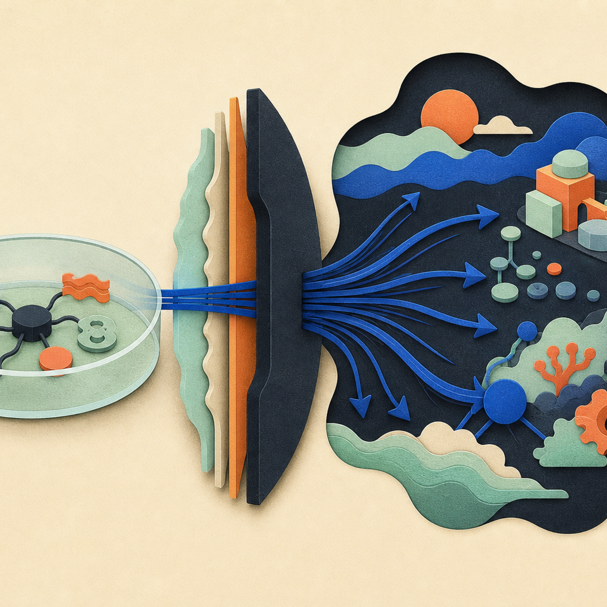 Abstract editorial illustration with abstract paper layers and a measured progression of forms representing A bounded, source-near explanation can help readers distinguish the paper’s reported minimal experiment from its broader, unvalidated proposal for controlling persistent agentic AI.