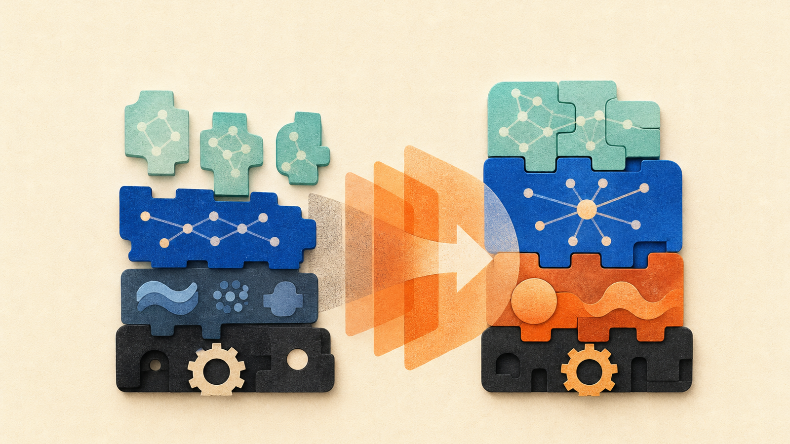 Abstract editorial illustration with layered translucent modules and interlocking abstract blocks representing A source-linked release summary can help open-source AI developers identify newly supported model families and review a potentially breaking kernel-configuration change before upgrading.