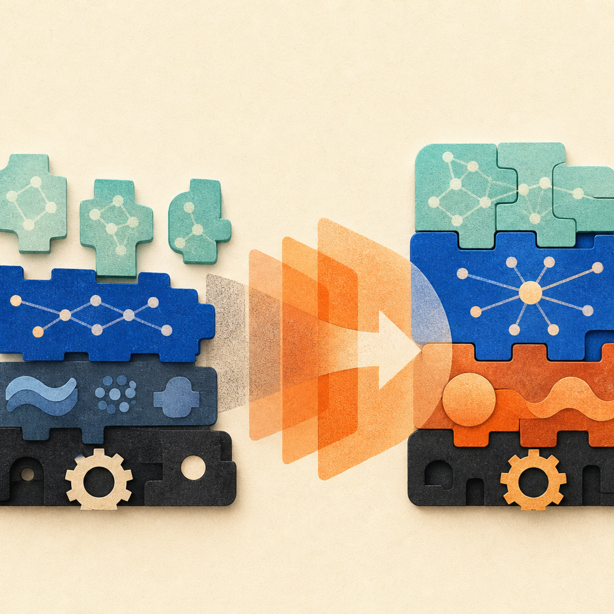 Abstract editorial illustration with layered translucent modules and interlocking abstract blocks representing A source-linked release summary can help open-source AI developers identify newly supported model families and review a potentially breaking kernel-configuration change before upgrading.