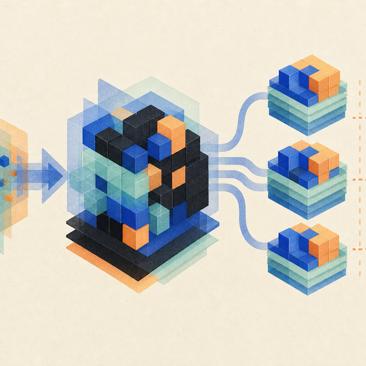 Abstract editorial illustration with layered translucent modules and interlocking abstract blocks representing Developers evaluating large language-model checkpoints can identify a newly documented FP8 Qwen release and its stated integration options while distinguishing the publisher's performance claims from independently verified results.