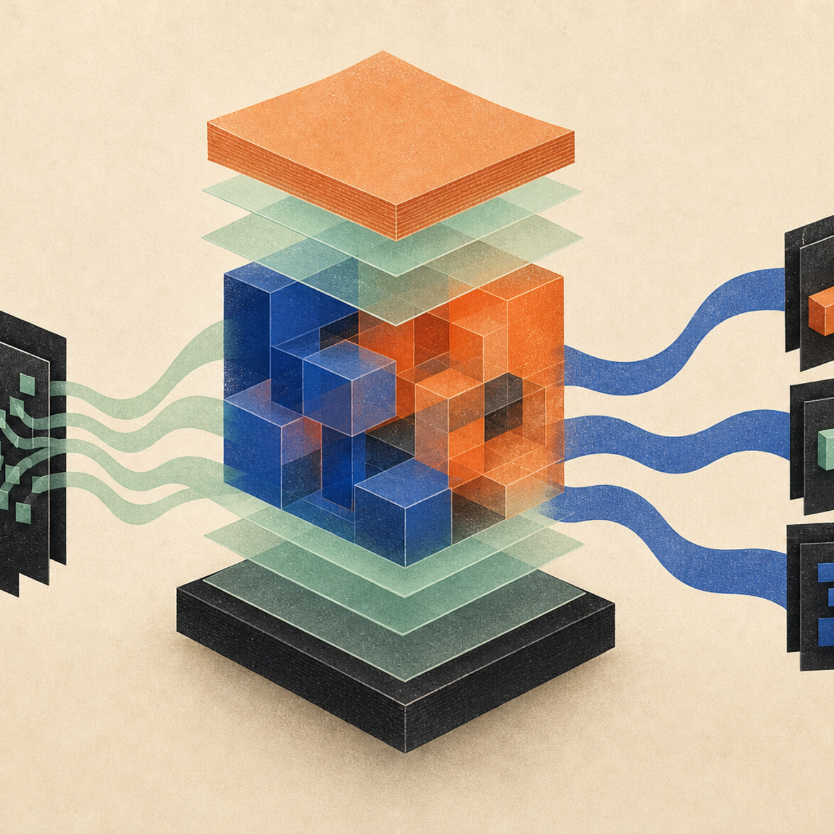 Abstract editorial illustration with layered translucent modules and interlocking abstract blocks representing The repository provides source-near technical documentation for teams assessing a large text-generation checkpoint, including stated model scale, supported serving frameworks, and important limits such as text-only input and mandatory thinking mode.