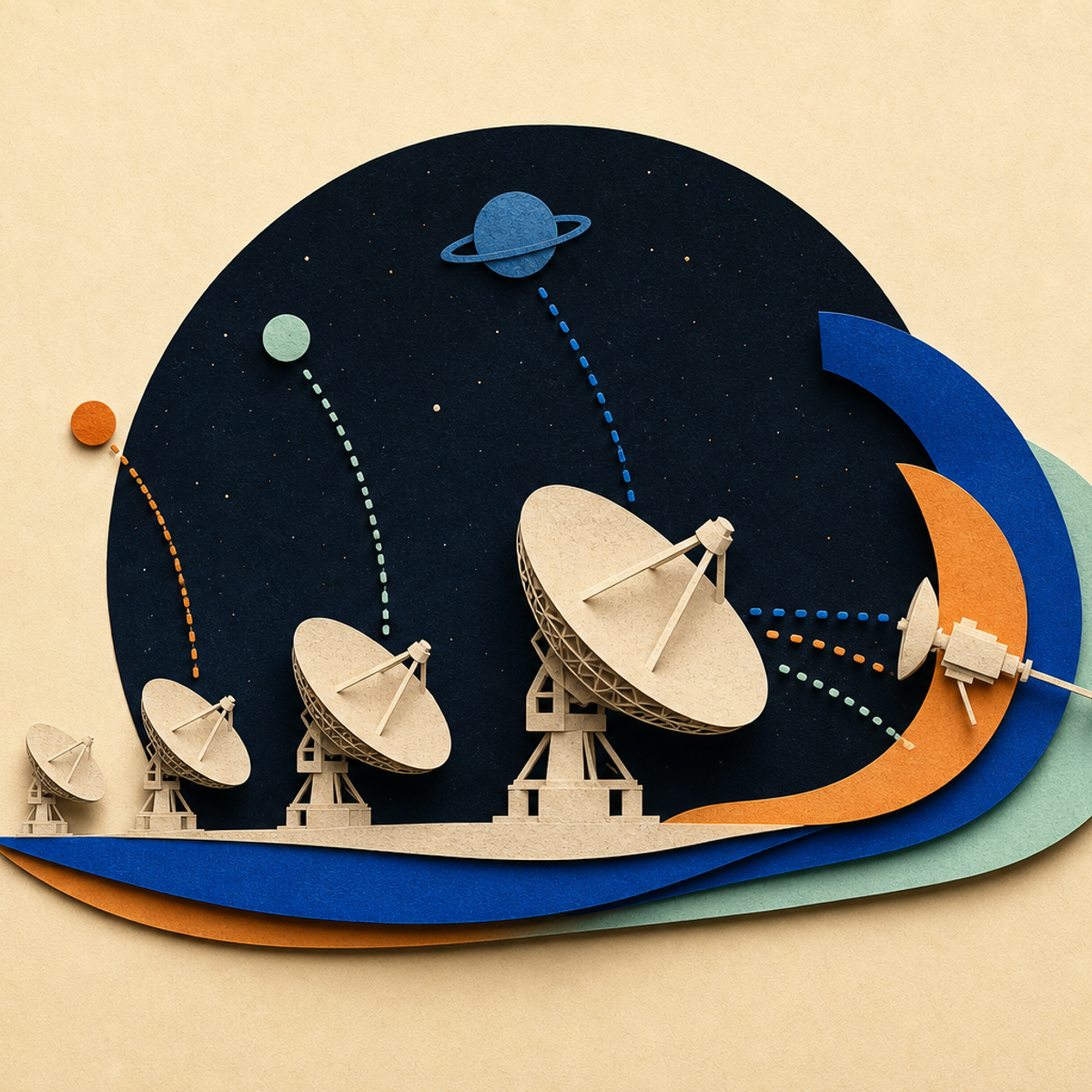 Abstract editorial illustration with abstract paper layers and a measured progression of forms representing The item documents a narrowly sourced addition to NASA's communications infrastructure and explains, at a high level, how the Deep Space Network supports distant spacecraft missions.
