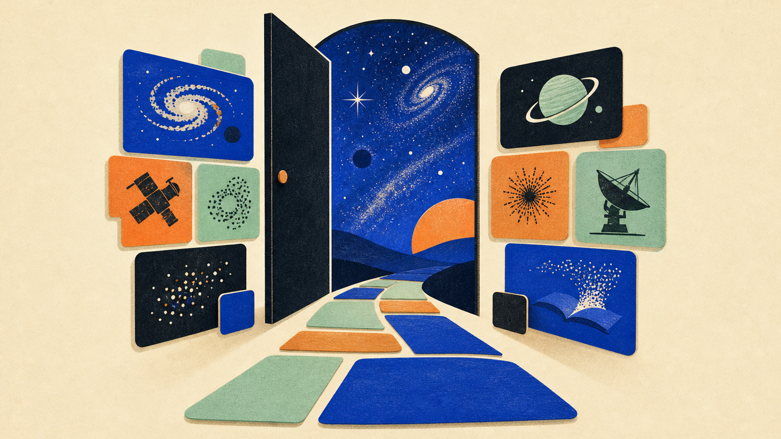 Abstract editorial illustration with an open doorway and a clear path through modular forms representing The announcement gives graduate students, postdoctoral researchers, and early-career astrophysicists advance notice of a virtual NASA workshop and its planned subject areas, while making clear that registration and detailed-program information have not been supplied.