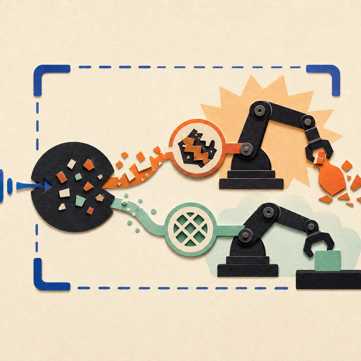 Abstract editorial illustration with aligned brackets and a repaired geometric seam representing The preprint provides a bounded warning for researchers and developers that voice-input transcription errors may affect safety evaluations of embodied-AI systems, while clearly preserving that the reported findings are preliminary and author-reported.