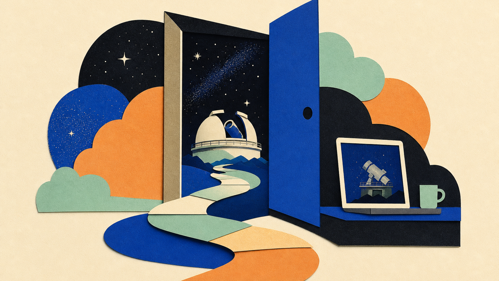 Abstract editorial illustration with an open doorway and a clear path through modular forms representing The reminder provides a near-term, source-specific deadline and notes the availability of remote observing for qualifying IRTF instrument projects.