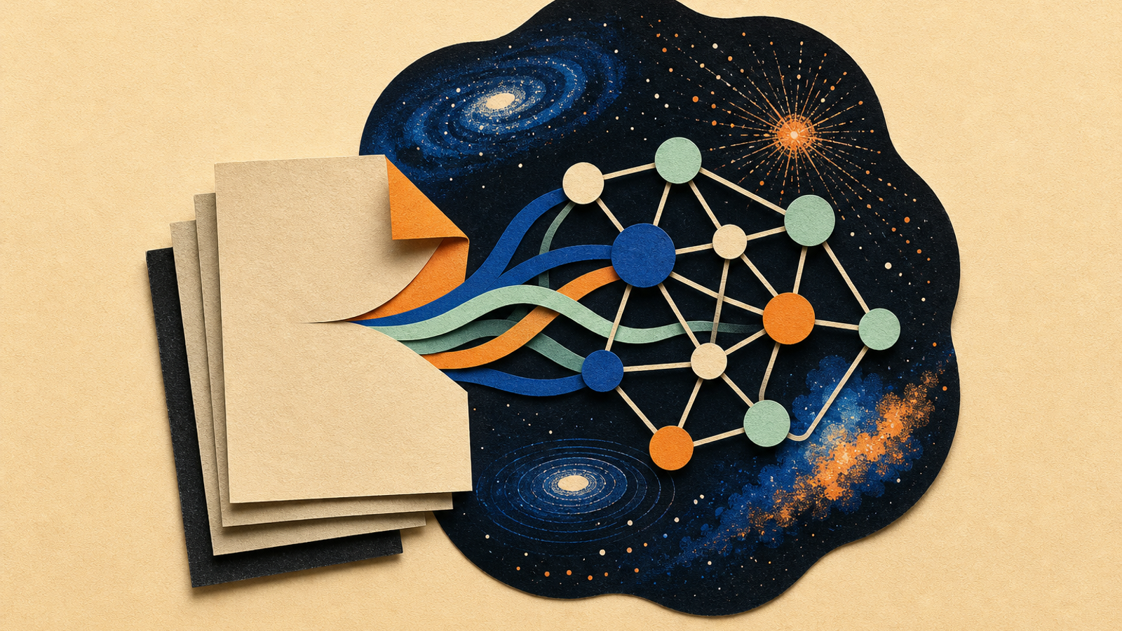 Abstract editorial illustration with abstract paper layers and a measured progression of forms representing The announcement gives research communities advance notice of a new collaborative astrophysics program and its stated Notice of Intent and proposal dates.