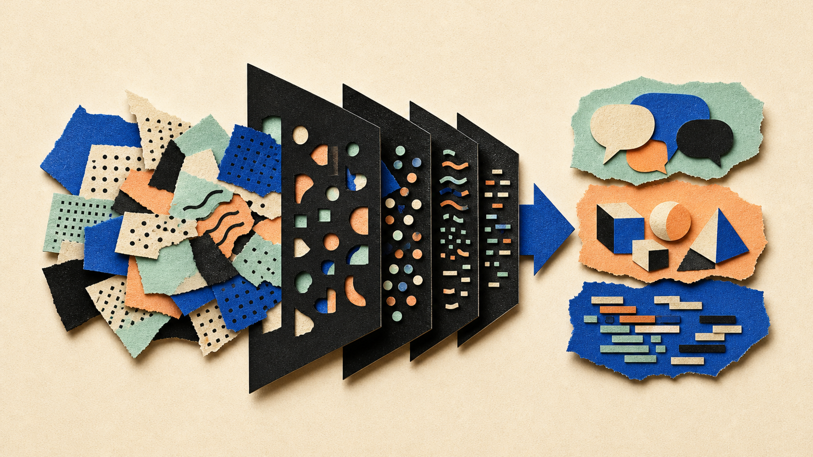 Abstract editorial illustration with abstract paper layers and a measured progression of forms representing A bounded explanation can help AI and computational-linguistics researchers assess whether intrinsic tokenizer measurements may inform tokenizer selection for language, mathematics, and code tasks.