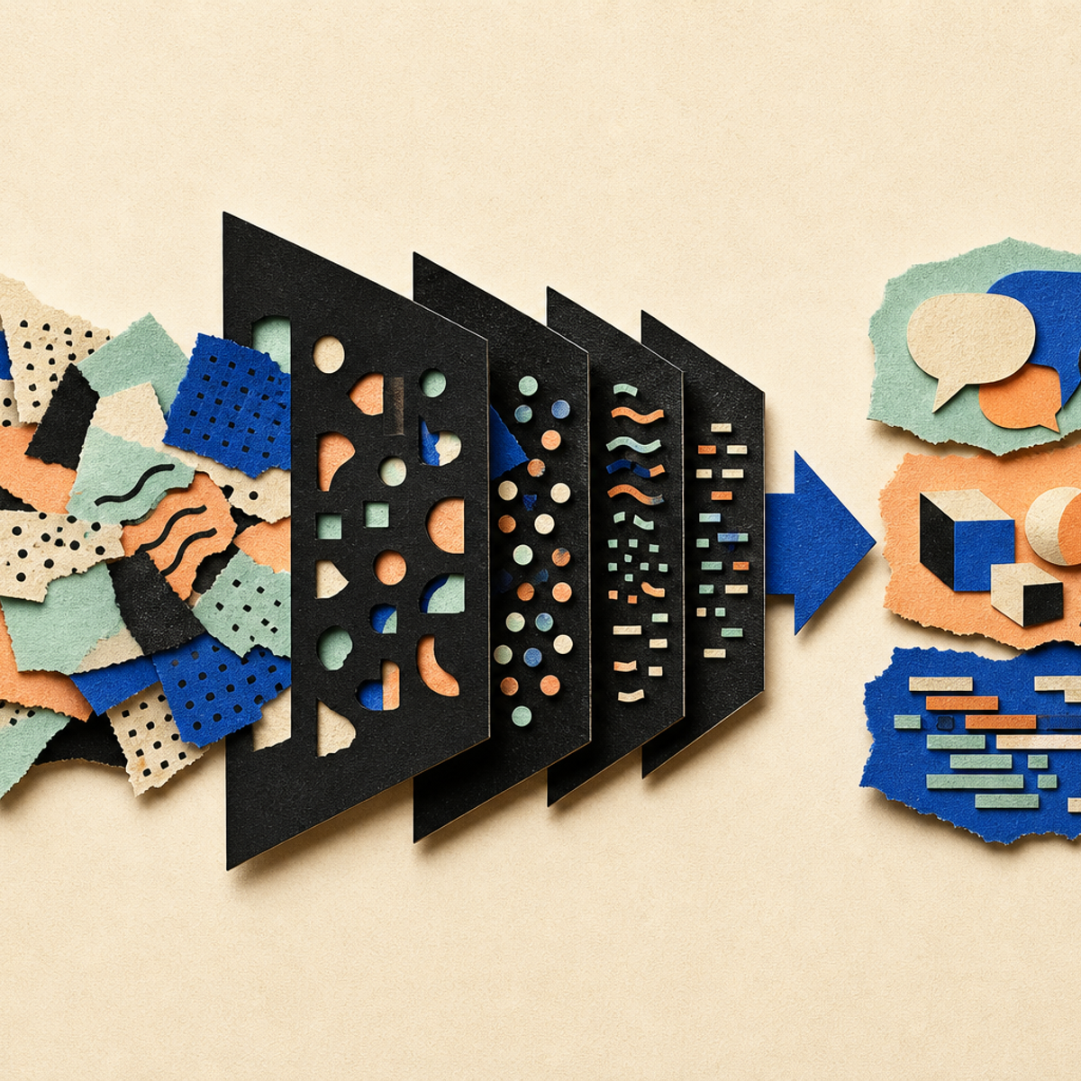 Abstract editorial illustration with abstract paper layers and a measured progression of forms representing A bounded explanation can help AI and computational-linguistics researchers assess whether intrinsic tokenizer measurements may inform tokenizer selection for language, mathematics, and code tasks.