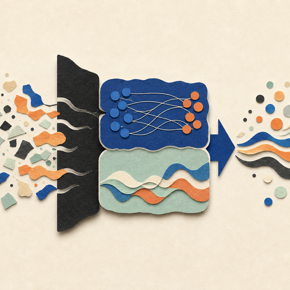 Abstract editorial illustration with abstract paper layers and a measured progression of forms representing The record offers a source-near introduction to a research approach for maintaining multimodal models as they learn from new unlabeled data, while clearly distinguishing the authors’ claims from independently established results.