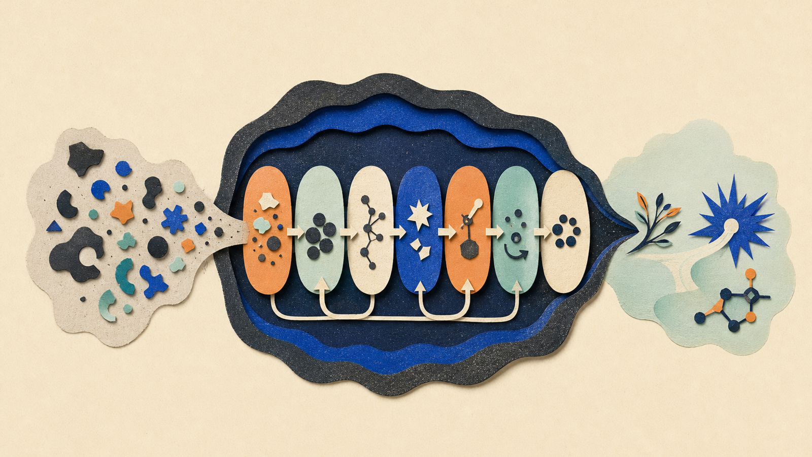 Abstract editorial illustration with abstract paper layers and a measured progression of forms representing A bounded explainer can help readers understand a newly submitted AI research proposal while clearly distinguishing the authors’ stated framework from independently demonstrated or peer-reviewed results.